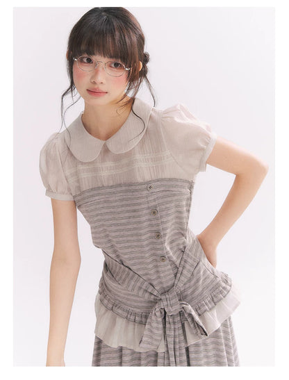 “Old Keepsake Letters” Frost Gray Doll Collar Lace Two-Piece Set