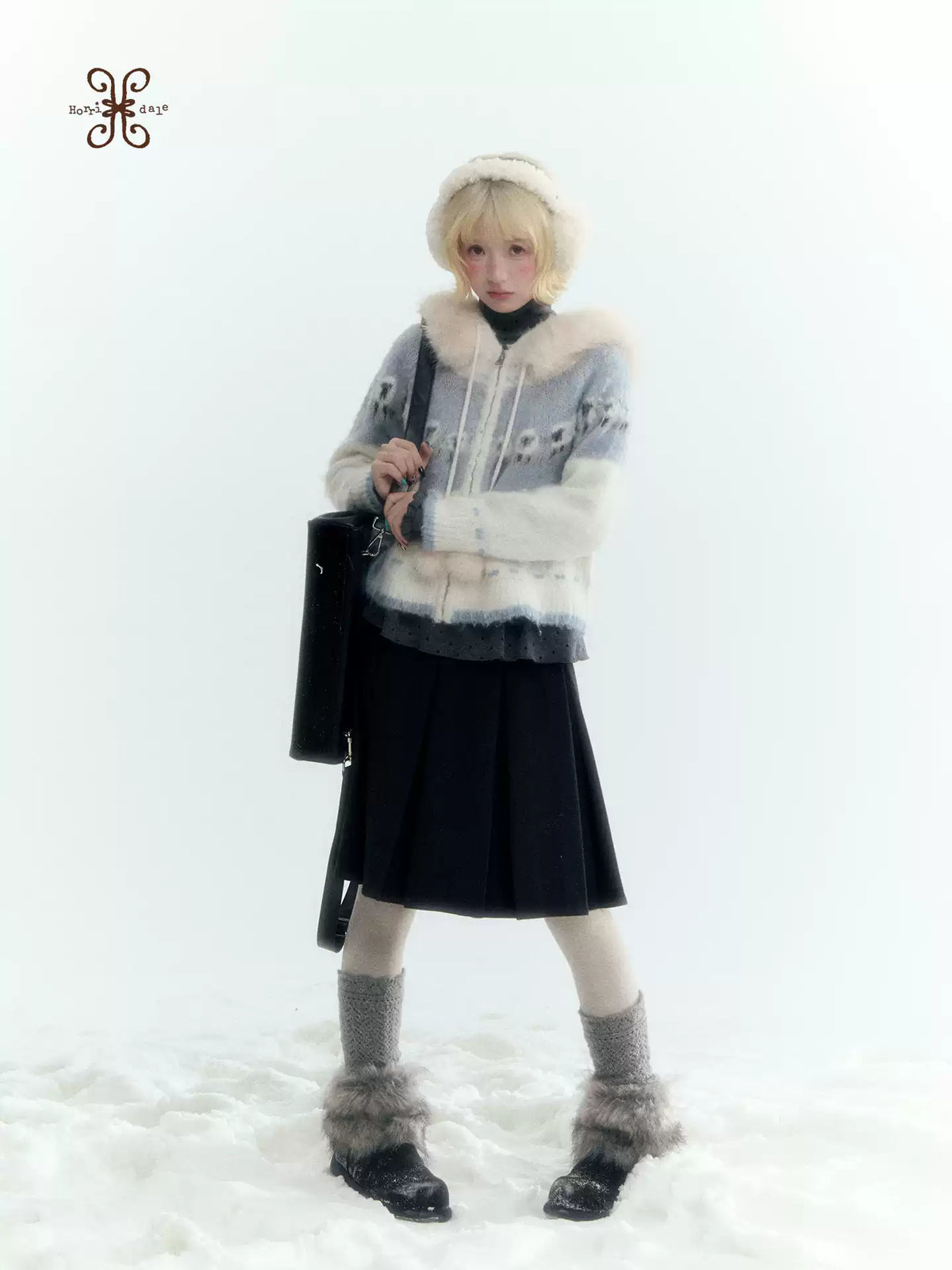 Horridale - Ice Blue White Sheep Jacquard Hooded Knit Cardigan
