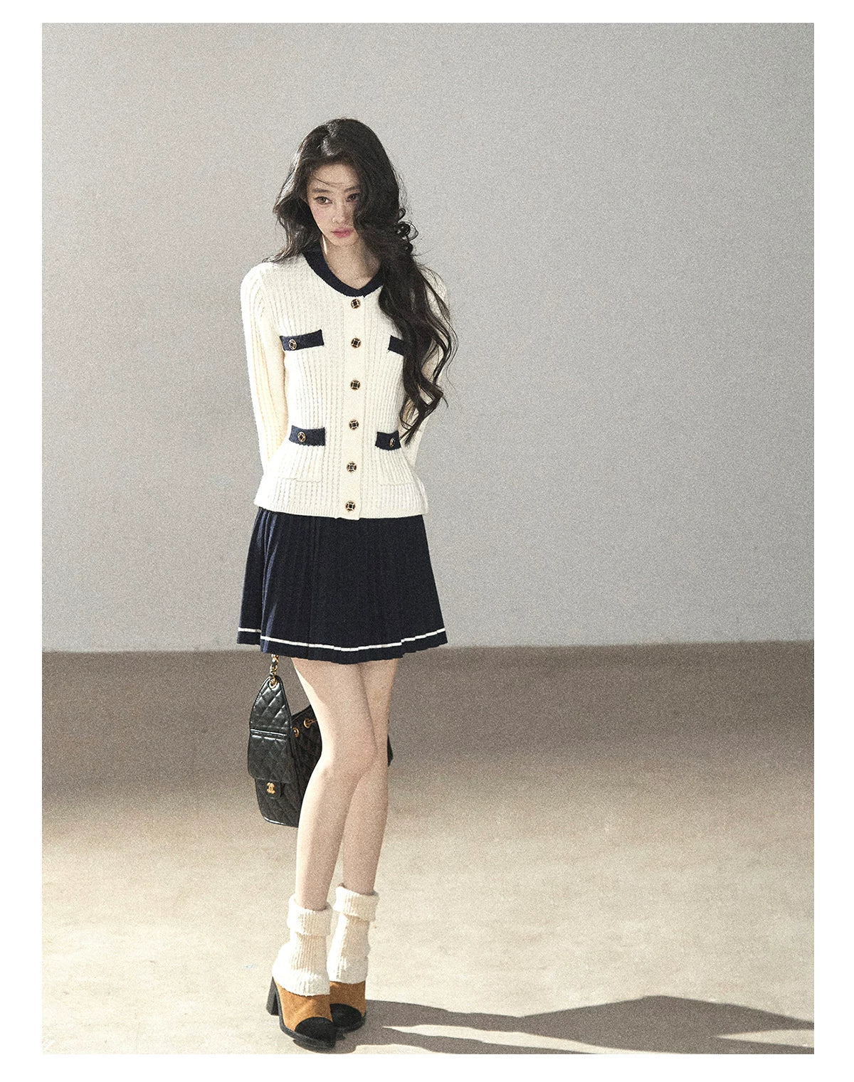 AOMALM - Creamy Off-White Cardigan & Navy Mini Skirt Set