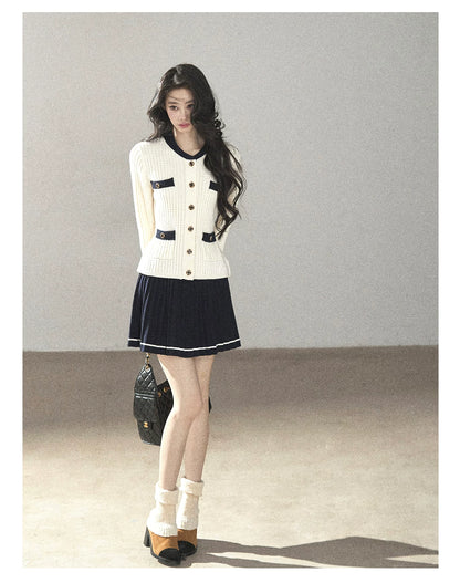 AOMALM - Creamy Off-White Cardigan & Navy Mini Skirt Set