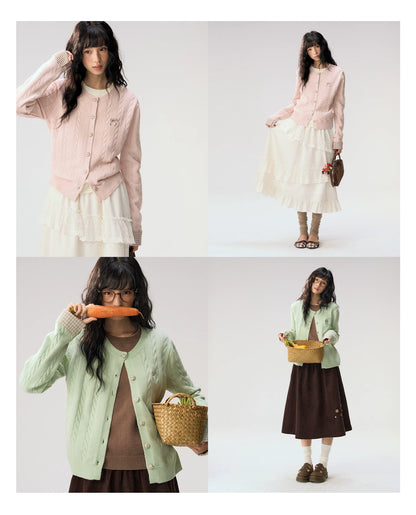 [CAN] "Autumn Letter" Bow Embroidered Faux-Layered Cable Knit Cardigan (Pink & White / Sage Green & Brown)