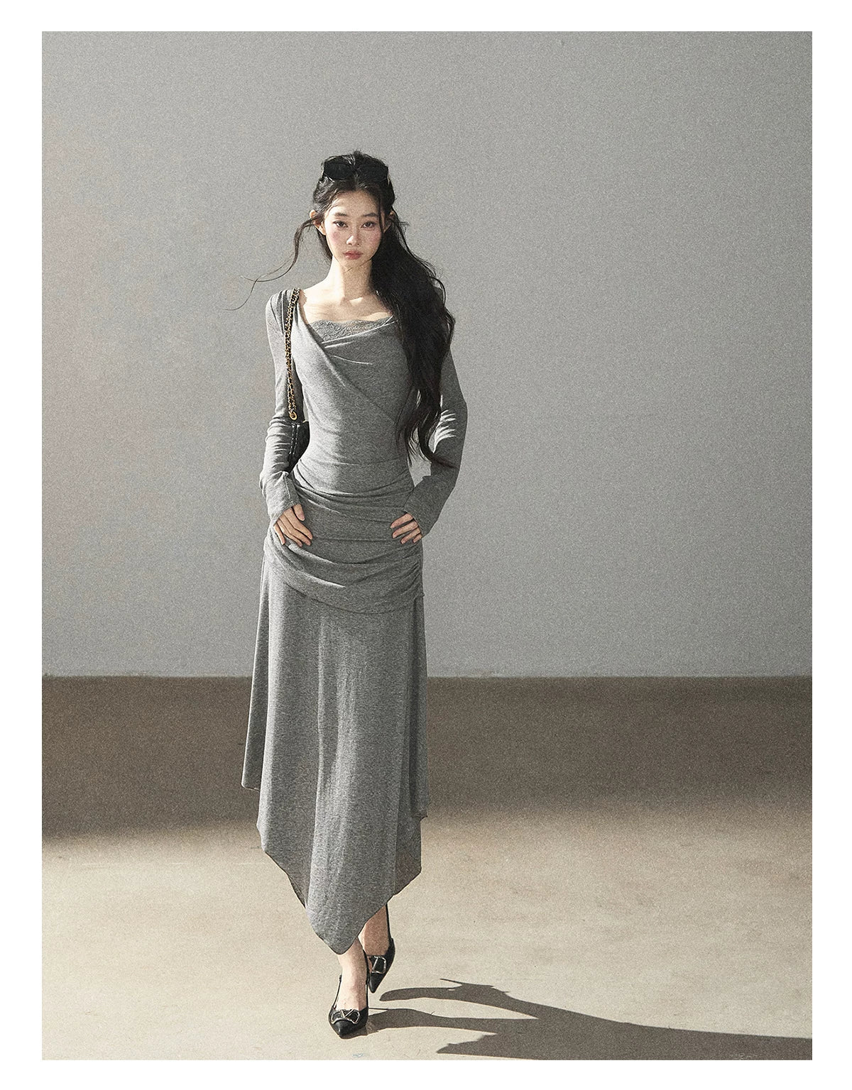 AOMALM - "Still River Cove" Cloud Mist Gray French-Inspired Lace Maxi Dress