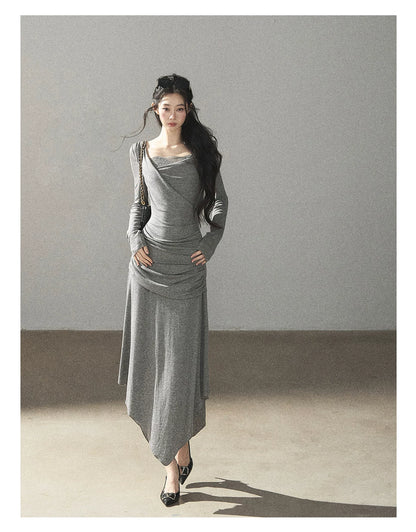 AOMALM - "Still River Cove" Cloud Mist Gray French-Inspired Lace Maxi Dress
