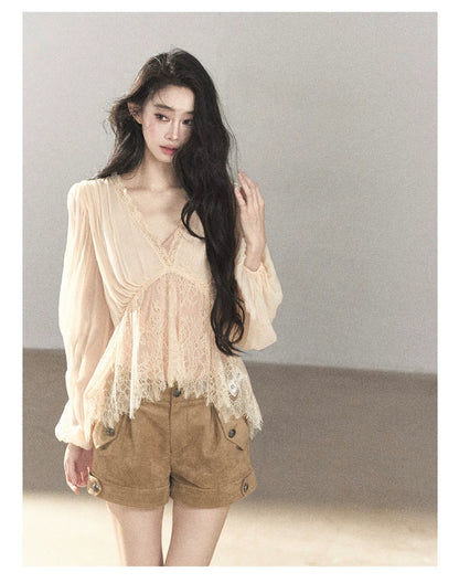 AOMALM - Blush Pink Lace-Trim Chiffon Blouse & Cami Set