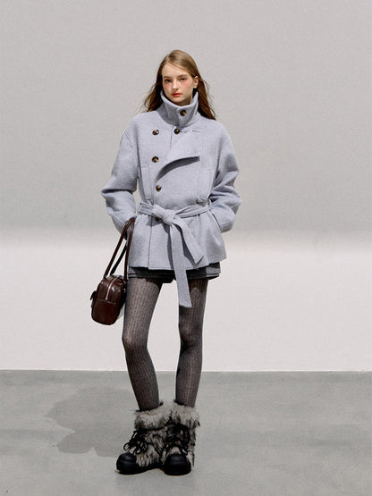 BOHOL BLING - Minimalist Double-Breasted Wool Short Coat with Belt