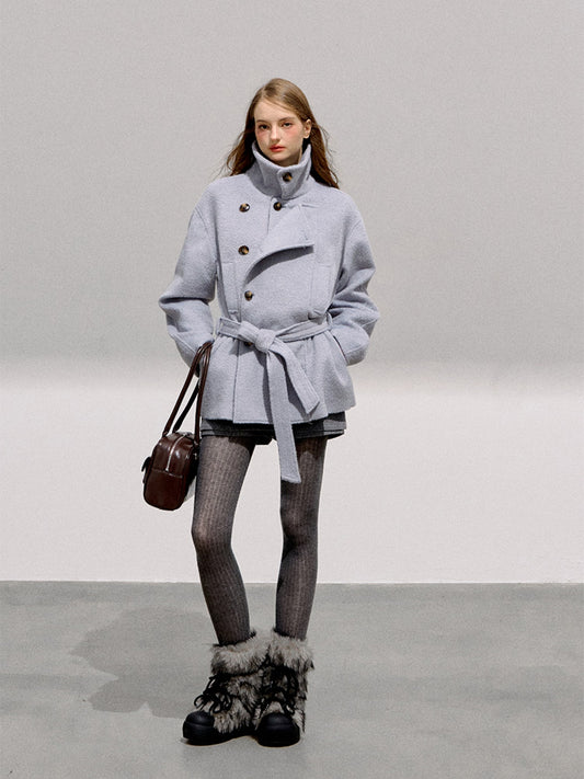 BOHOL BLING - Minimalist Double-Breasted Wool Short Coat with Belt