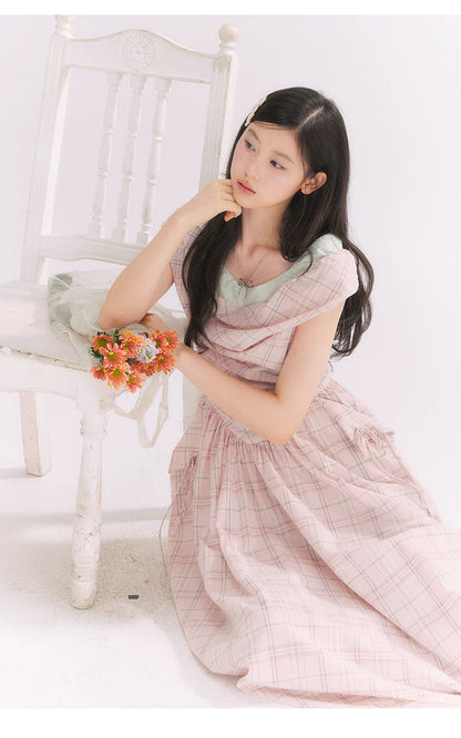 “Heartfelt Rendezvous” Pink Plaid Maxi Dress