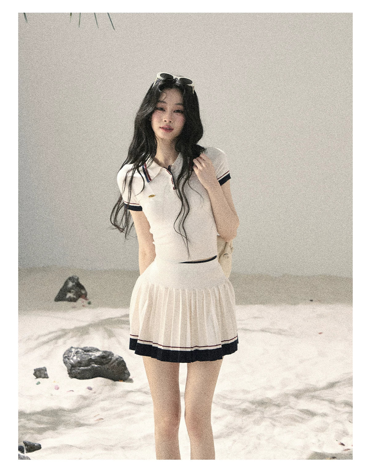 "Moonlight in Pieces" Cloud White Ribbed Knit Top & Pleated Mini Skirt Two-Piece Set