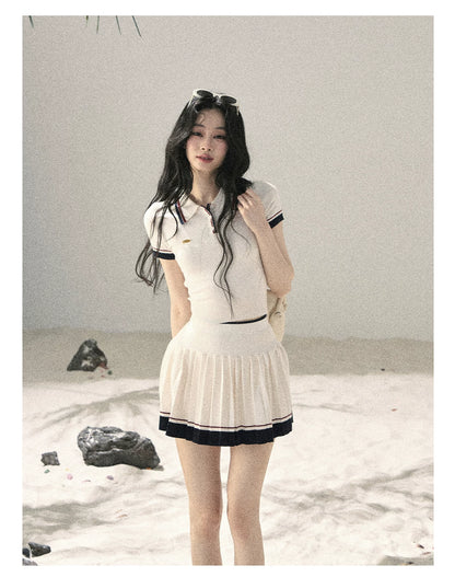 "Moonlight in Pieces" Cloud White Ribbed Knit Top & Pleated Mini Skirt Two-Piece Set