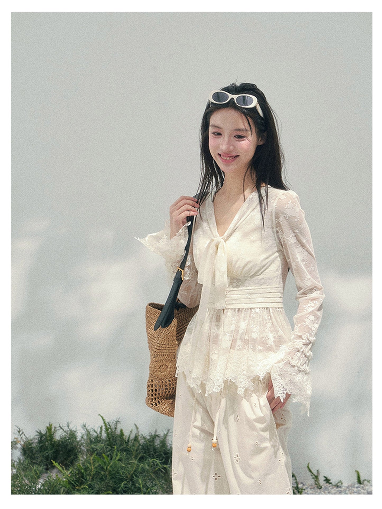 少也眼 “Lace’s Fading Dream” Sheer Lace V-Neck Cinched Top 53663788558