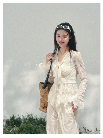 少也眼 “Lace’s Fading Dream” Sheer Lace V-Neck Cinched Top 53663788558