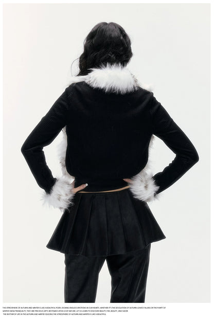24olvides - Colorblock Faux Fur Jacket with Knit Sleeves