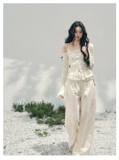 少也眼 “Lace Over the Shoulder” Asymmetrical Layered Lace Long Sleeve Top 45635485