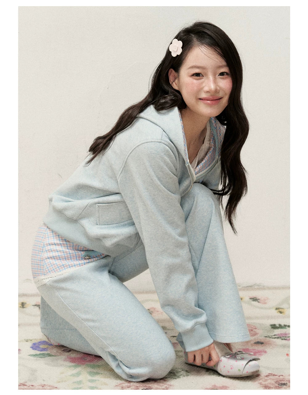 [RF] Soft Gingham Color-Block Hoodie and Flare Pants Set (Blue / Mauve)