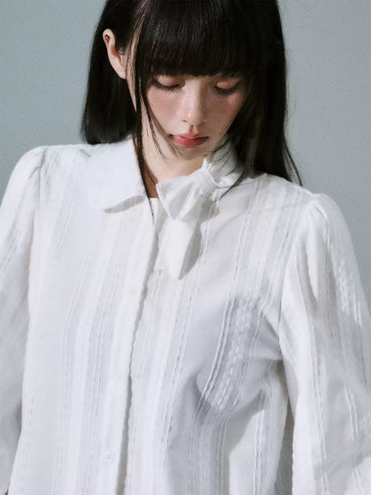 LOST FOREST - Pure White Cotton Jacquard Bow Blouse – Japanese Sweet Girl Style