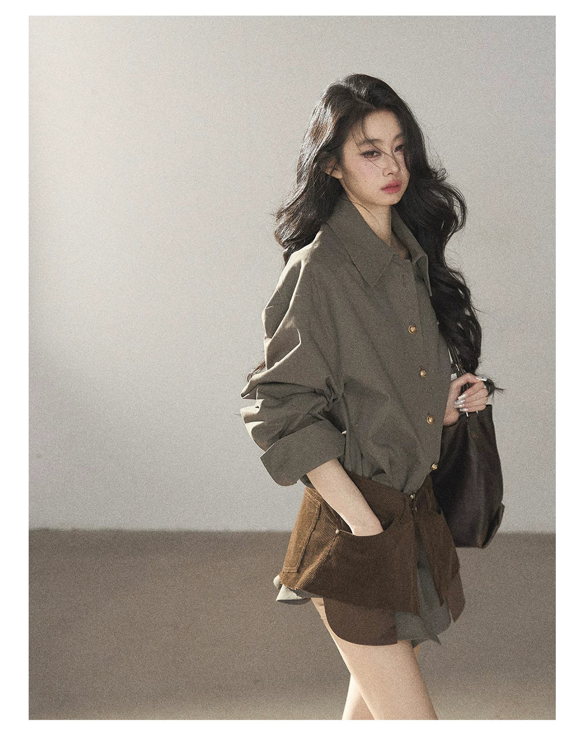 AOMALM - "Autumn Botanicals" Sage Green Striped Shirt & Wrap Faux Half-Skirt Set