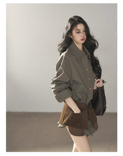 AOMALM - "Autumn Botanicals" Sage Green Striped Shirt & Wrap Faux Half-Skirt Set