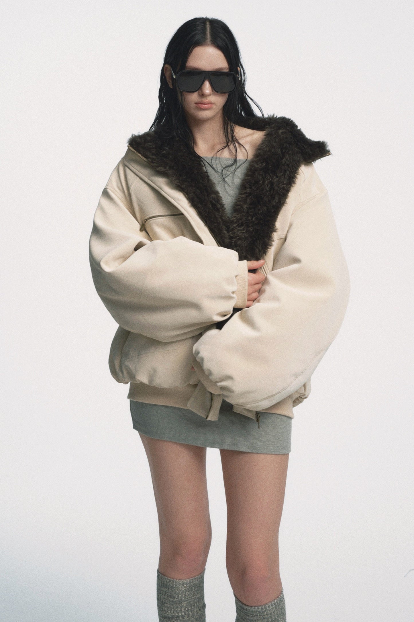 Muirgen - Ivory Reversible Faux Suede Shearling Jacket