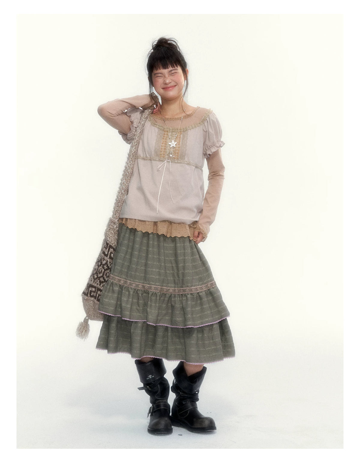 Dried Grass Green Vintage Lace Tiered A-Line Skirt