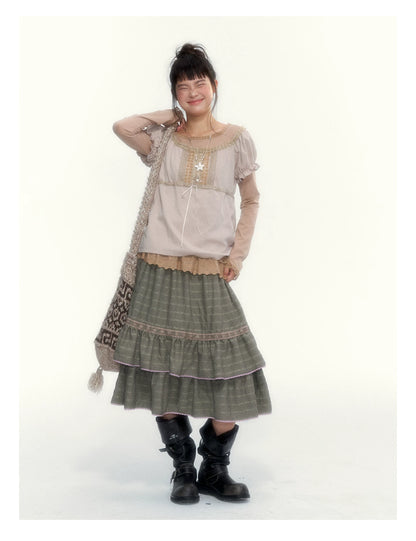 Dried Grass Green Vintage Lace Tiered A-Line Skirt