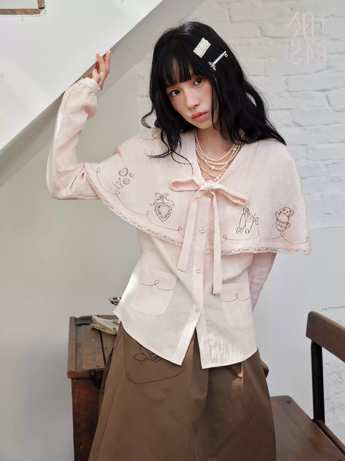 DAILY ARTIST - “Soft Pink Notes” Pink Vintage Tencel Lace Cape Blouse