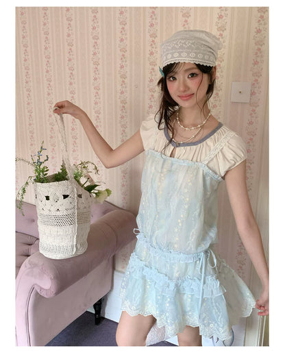 “Summer Dreamloom” Blue Lace Tiered Dress Set (Inner Top + Slip Dress)