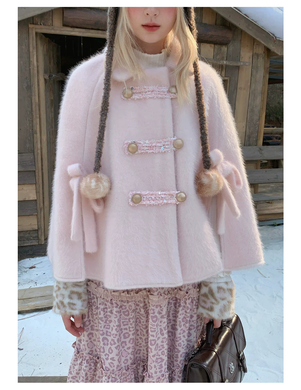 RF - Vintage Pink Fuzzy Cropped Cape Coat with Ribbon Buttons