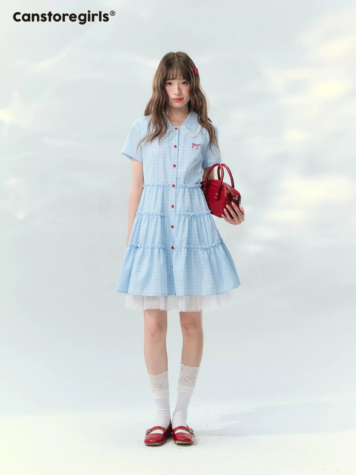 “Weaving Red Melody” Blue Plaid Tiered Ribbon Dress SJ2026125