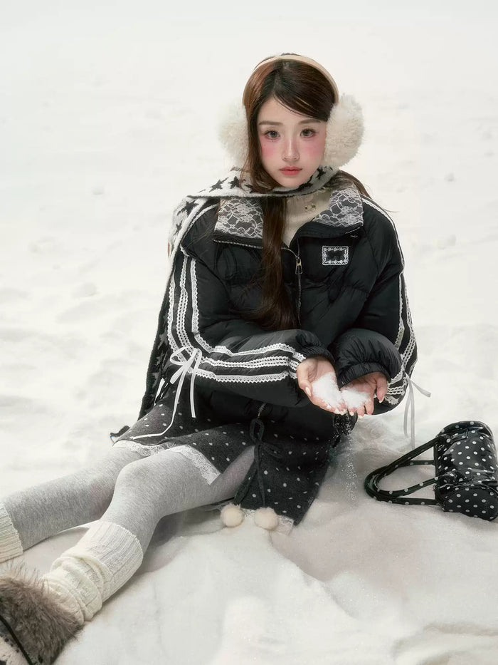 BIBIBENCY - Black Lace-Trimmed 90% White Duck Down Puffer Jacket