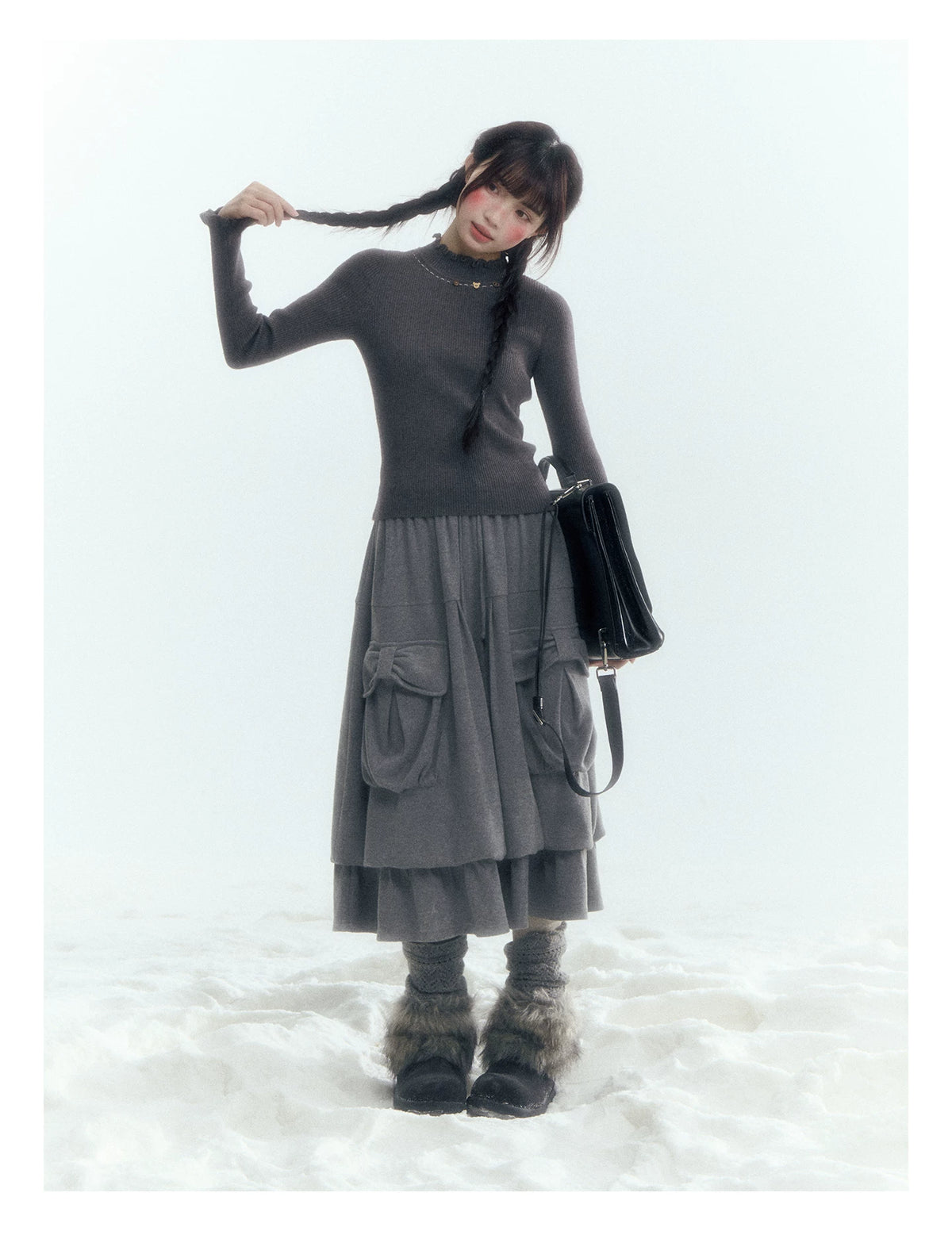 Horridale - Light Gray Pleated Knit Bubble Skirt with Oversized Pockets
