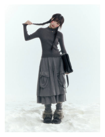 Horridale - Light Gray Pleated Knit Bubble Skirt with Oversized Pockets
