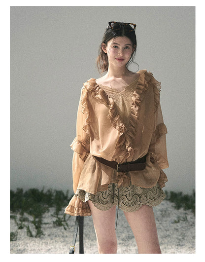 “Whispers of the Wind” Ash Caramel Lace Chiffon Blouse (With Belt)