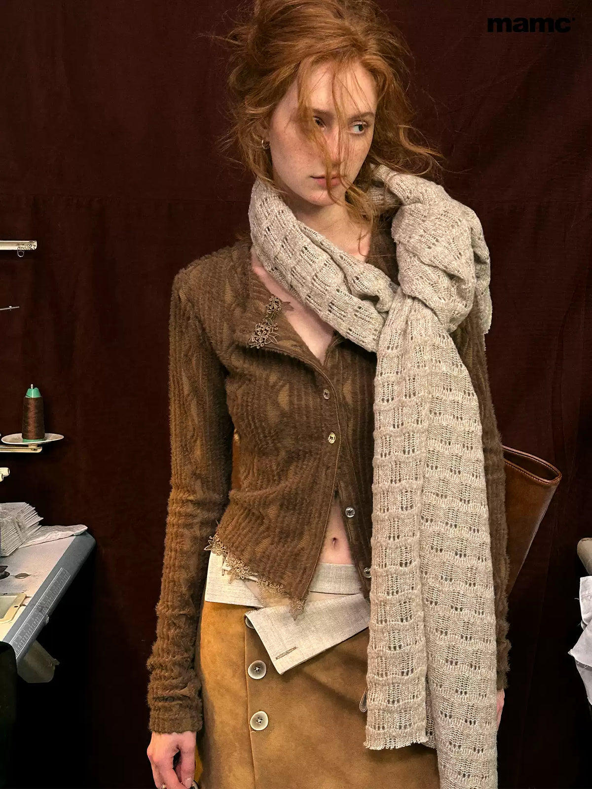 MAMC - Textured Wave Knit Scarf Shawl (Khaki / Gray)