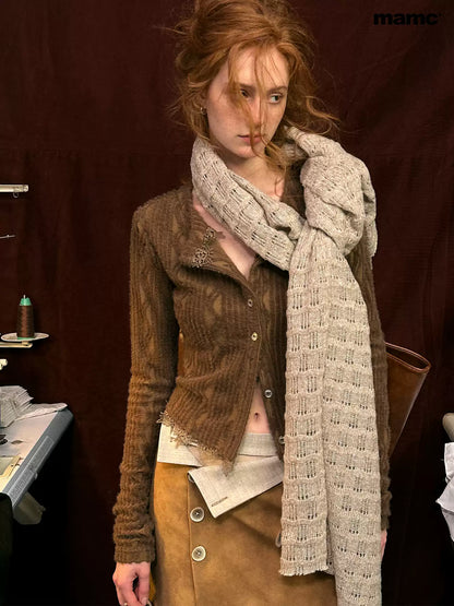 MAMC - Textured Wave Knit Scarf Shawl (Khaki / Gray)
