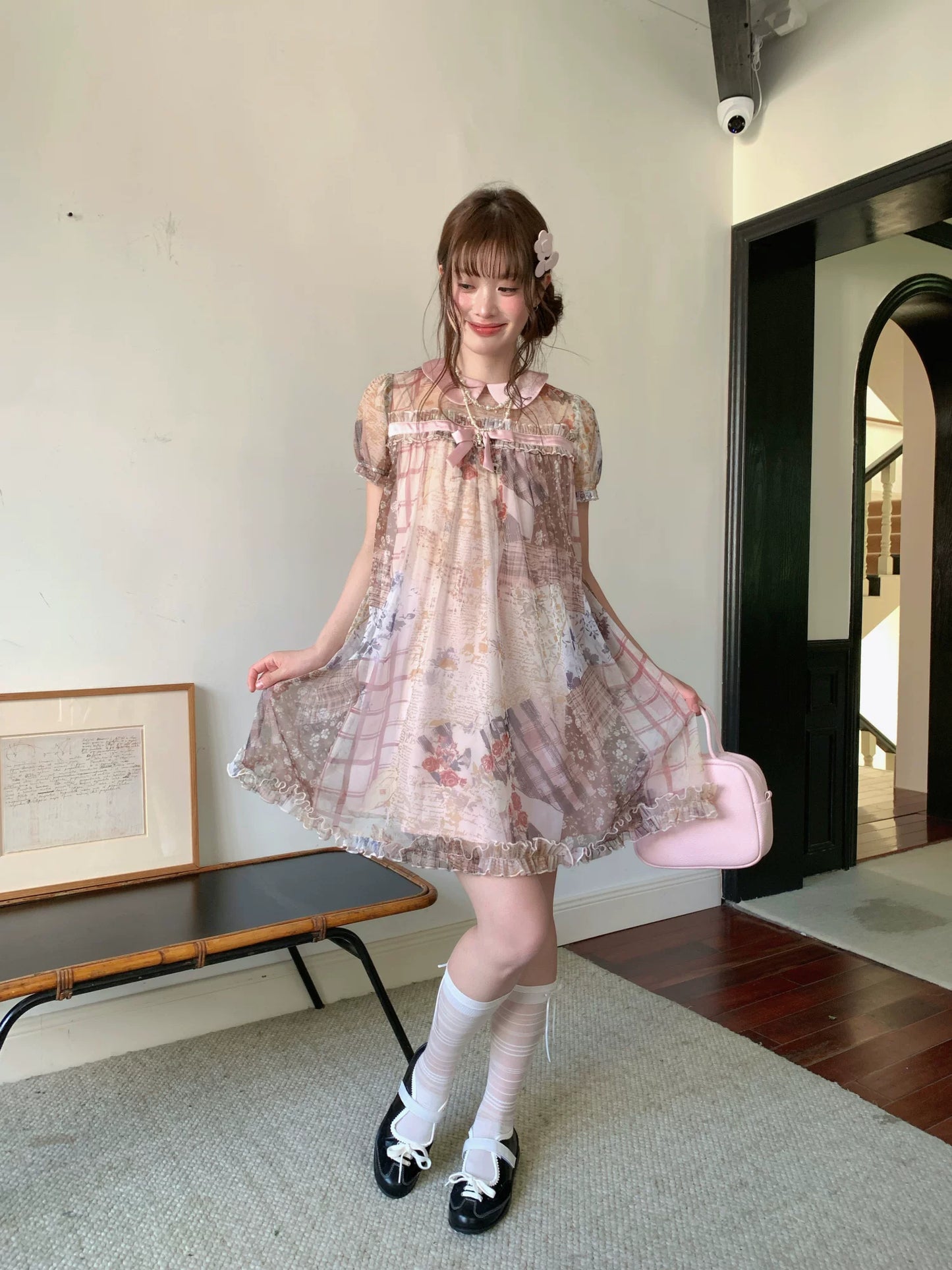 [RF] “Vintage Storybook” Light Brown Tea Patchwork Print Mini Dress