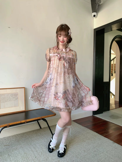 [RF] “Vintage Storybook” Light Brown Tea Patchwork Print Mini Dress