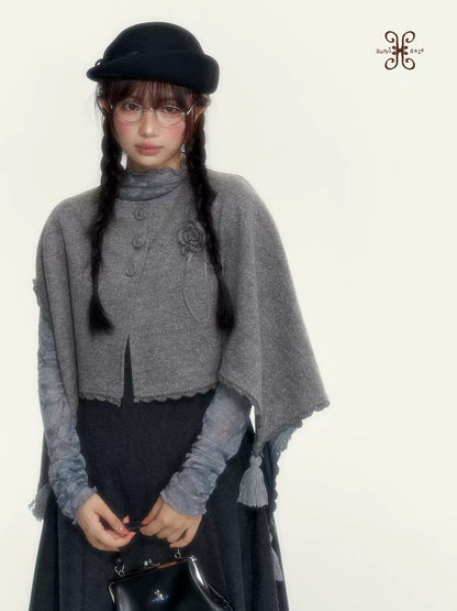 Vintage Double-Breasted Wool Dress & Knit Fringe Cape Set