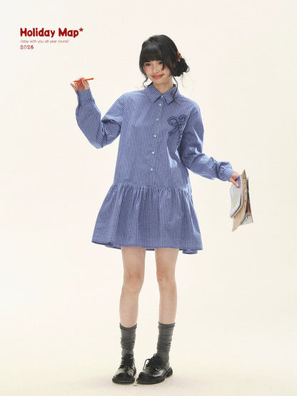 "Holiday Blues" Blue Plaid Bow Shirt Mini Dress