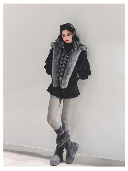 少也眼 "Endless Freedom" Detachable Faux Fur Layered Black Jacket