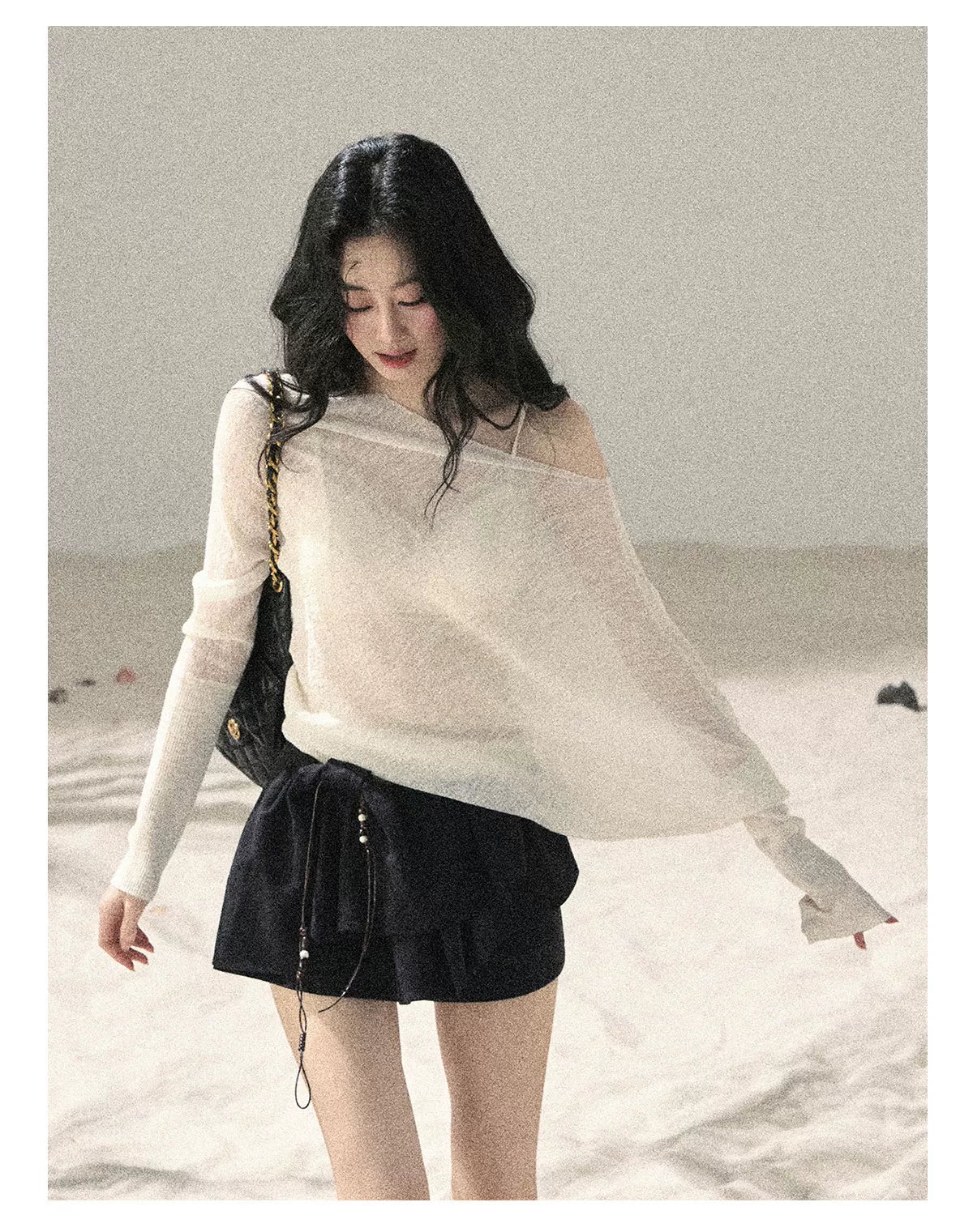 "Misty Veil Whisper" Holland Cheese Off-Shoulder Sheer Sun Protection Top 5345634