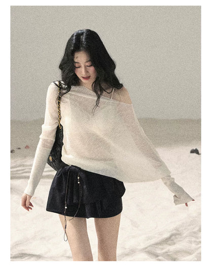 "Misty Veil Whisper" Holland Cheese Off-Shoulder Sheer Sun Protection Top 5345634