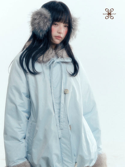 Horridale - Blue Bud-Shaped Faux Fur Collar Parka Down Jacket
