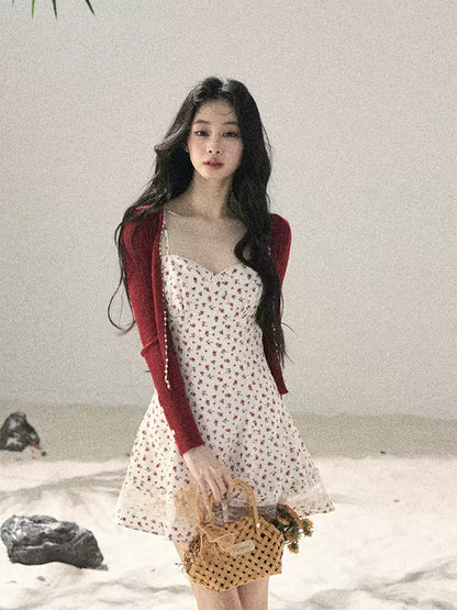 "Blooming Rose Reverie" Cloud White Floral Lace Mini Dress & Burgundy Wine Cardigan 56483