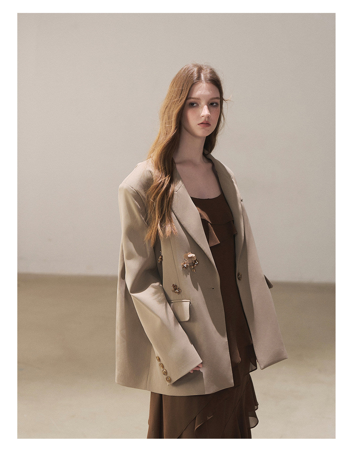 170726 "Whispers Beneath the Brown Skirt" Mocha Mousse Ruffle Cami Mini Dress + Gray Taupe Tailored Blazer
