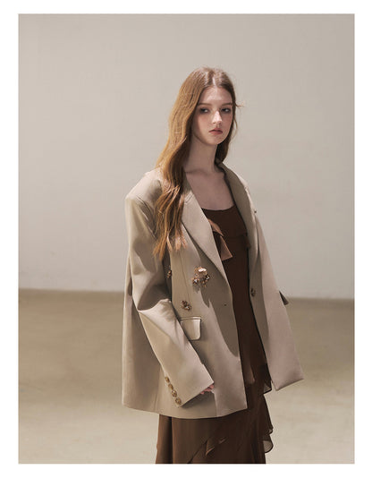 170726 "Whispers Beneath the Brown Skirt" Mocha Mousse Ruffle Cami Mini Dress + Gray Taupe Tailored Blazer
