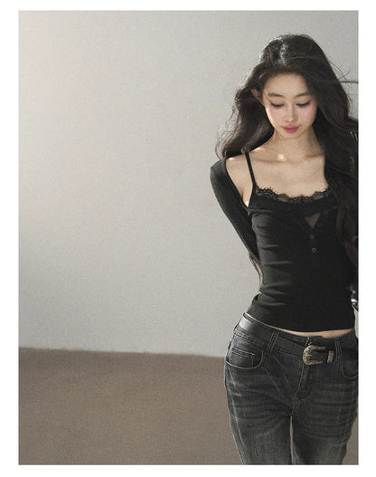 AOMALM - "Dappled Tree Shadows" Serene Black Korean Lace Camisole Long-Sleeve Top Set
