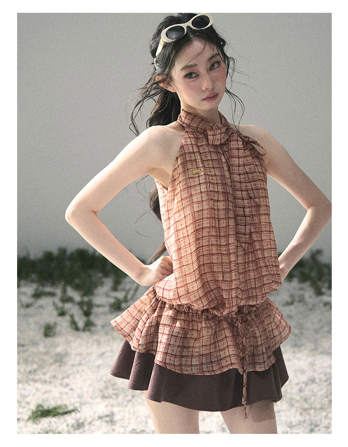 “Maple Whisper” Rust Red Halter Plaid Slim Tee