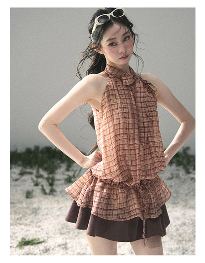 “Maple Whisper” Rust Red Halter Plaid Slim Tee