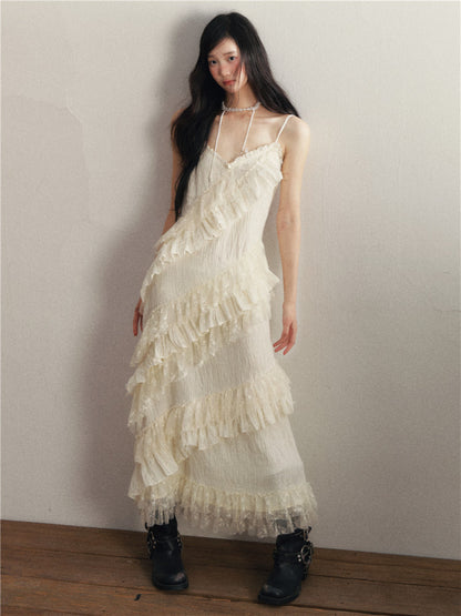 1P - Ivory Lace Ruffle Pleated Camisole Dress