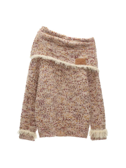 MAMC - Beige Slouchy Textured Off-Shoulder Turtleneck Sweater WE897